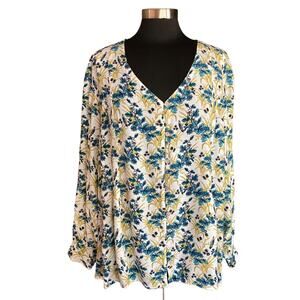 J. Jill Cream Teal Leaf & Vine Print Button Front Blouse Sz 3X Plus Size V-neck